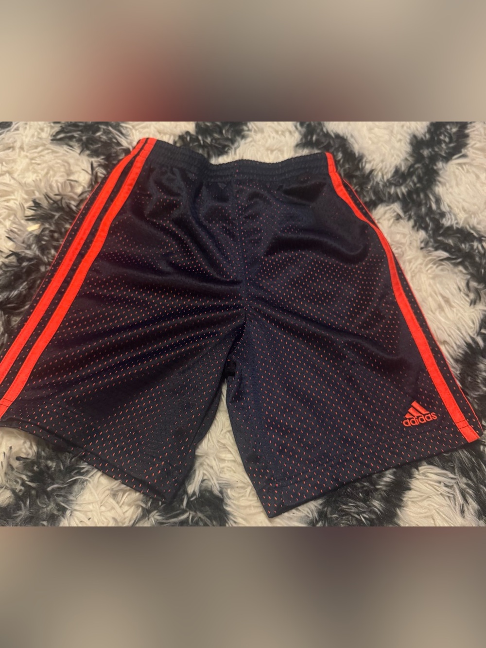 adidas boys  Black Mesh Athletic Shorts with Red Stripes